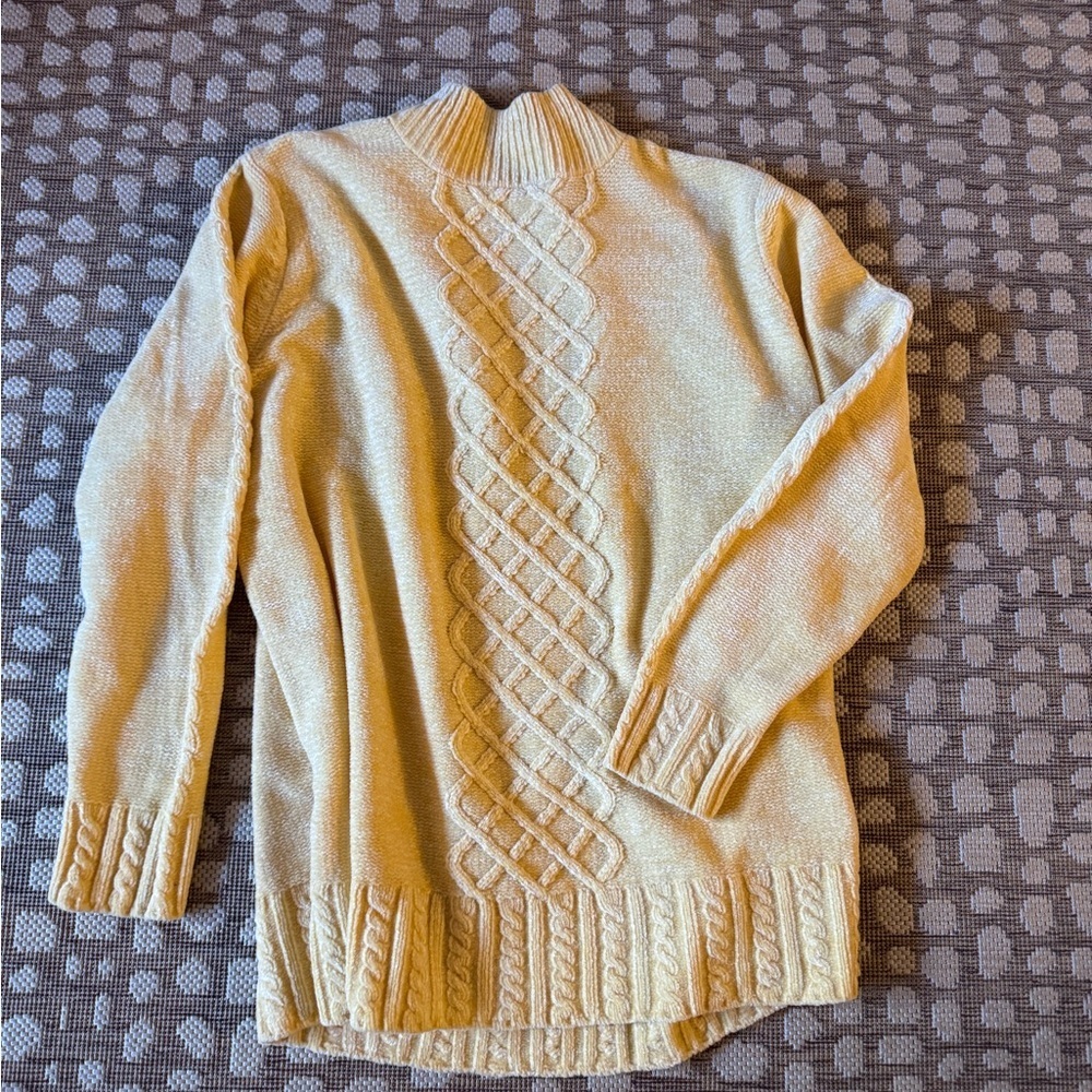 Yarnworks Cable Knit Sweater Womens XL Yellow Mock Neck Fisherman Style - Picture 2 of 4